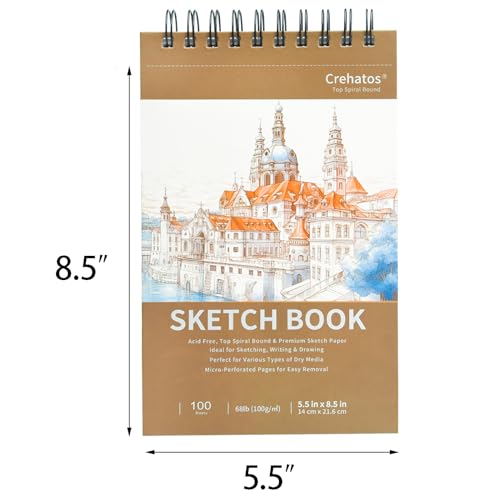 Crehatos 5.5" x 8.5" Small Sketch Book, Top Spiral Bound Sketch Pad, 100 Sheets Each 68lb/100gsm Drawing Paper, 2 Pack