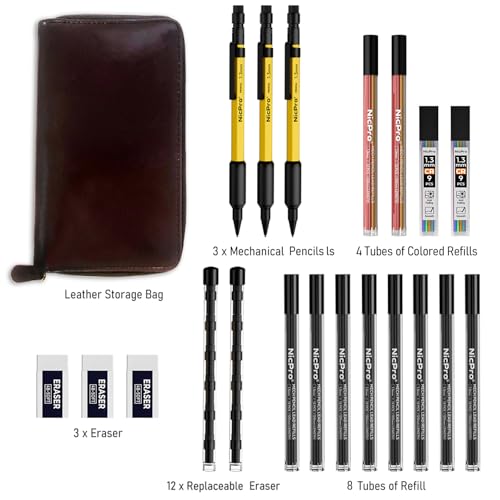 Nicpro 21PCS 1.3 mm Mechanical Pencil Set in Leathercase with 138 Lead | 3 Eraser, Eraser Refills- Weatherproof Metal Barrel, Heavy Duty Carpenter Pencil for Outdoor Marking Drawing Woodworking - color: Yellow