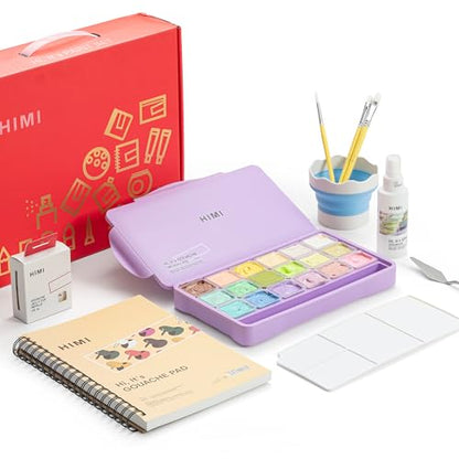 HIMI Deluxe 18 Colors Jelly Gouache Paint Gift Set – Complete Art Kit with Pad, Spray, Palette, Brushes, Painting Knife, Foldable Bucket & Refills for Beginners, Students & Artists (Purple) - color: 18 colors