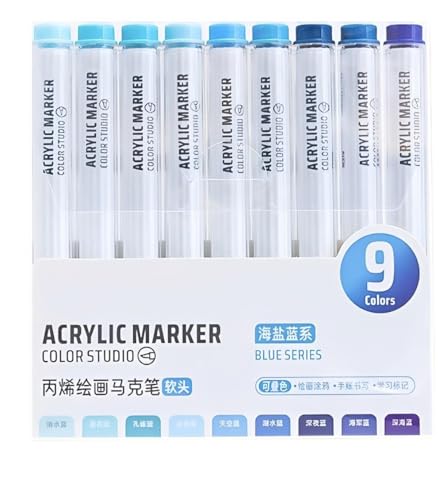 Blue Acrylic Paint Pen Markers, 9 Colors Soft Brush Tip Paint Pens for Wood Glass Eggs Rock Painting Canvas Stone Fabric DIY Crafts Making Art Supplies (Blue) - color: Blue