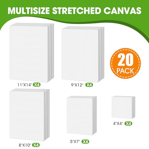 Stretched Canvas for Painting, Multi Size 11x14, 9x12, 8x10, 5x7, 4x4(4 of Each), 20 Packs Primed Blank Canvases, Very Good for Beginners or Professionals. - size: Multisize 20 Pack