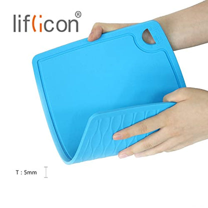 Liflicon Thick Cutting Boards for Kitchen Silicone Chopping Board Set of 2 Mid 12.6'' x 9.1”,Mini 9.1”x7.1” Non-slip Deep Drip Juice Groove Easy Grip Handle,Dishwasher Safe-Blue - color: Blue, size: 9.1"L x 7.1"W & 12.6"L x 9.1"W