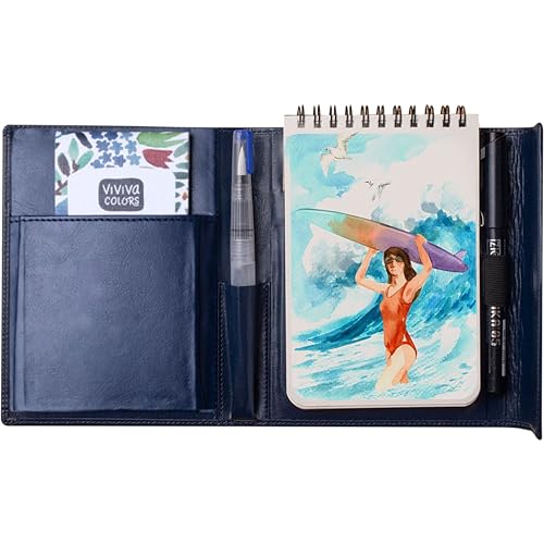 Viviva Colors A6 Travel Paint Set – Portable Watercolor Paint Kit | Includes Set of 16 Watercolors, 240 GSM Ivory Sketchpad, A6 Vegan Leather Case, Waterbrush & Marker - size: A6 Travel Paint Kit, style: A6 Size (handy & compact)