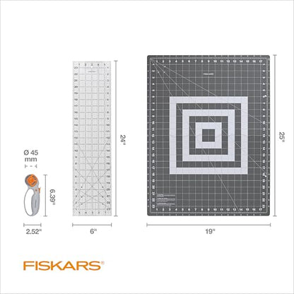 Fiskars 3-Piece Fabric Cutting Set, Rotary Cutter, Cutting Mat & Ruler | 45mm Ergonomic Loop Rotary Cutter w/ Blade, Sewing Ruler to Cut Directly from the Bolt, Folding Cutting Mat for Easy Storage