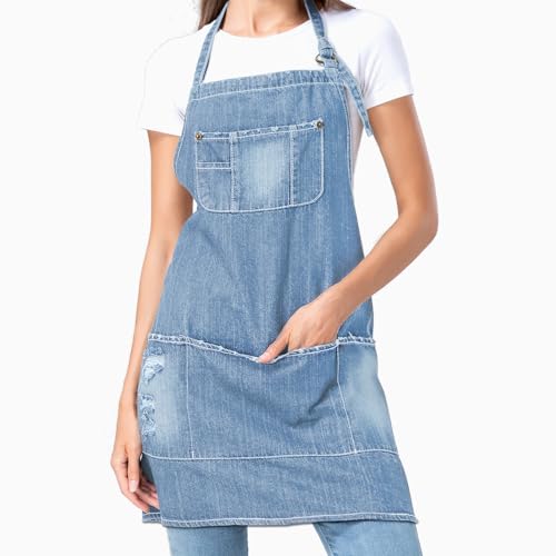 Apron for Women and Men - Adjustable Vintage Distressed Cotton Bib Aprons with Large Pockets for Cooking - color: Blue