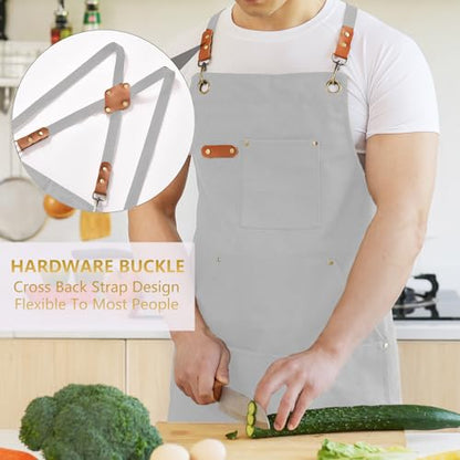 Aoomzoon Canvas Aprons for Men Chef Apron, Work Apron with Large Pockets - 16oz Heavy Duty Cross Back, BBQ, Cooking - color: White