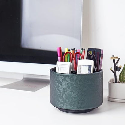Round Leather Art Supply Organizer,Remote Control Holder,360 Degree Spinning,Multi-Functional Pencil Holder,4 Compartments Desktop Stationary Organizer(1-Liuli Green) - color: 1-Liuli Green