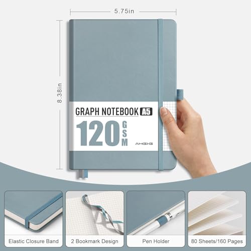 AHGXG Graph Paper Notebook, 120 GSM Paper, 160 Pages, A5 (5.7'' X 8.3'') - color: Gray Blue, style: A5-Grid-120G
