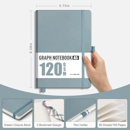 AHGXG Graph Paper Notebook, 120 GSM Paper, 160 Pages, A5 (5.7'' X 8.3'') - color: Gray Blue, style: A5-Grid-120G