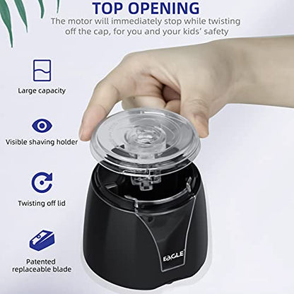 Eagle Electric Pencil Sharpener, Battery Powered, Large Shaving Holders, Carbon Steel Blades, Portable, Reusable and Replaceable Blade, Suitable for Kids, Home, School and Office use,Black - color: Black