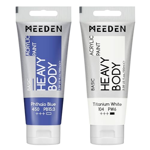 MEEDEN Acrylic Paint Phthalo Blue: 100ml/3.38oz x 2 with Titanium White | Heavy Body Artist Acrylic Paint Set for Canvas, Wood & Craft, Non-toxic Creamy Art Paint with Titanium White for Mixing - color: Phthalo Blue, size: 2 Tubes