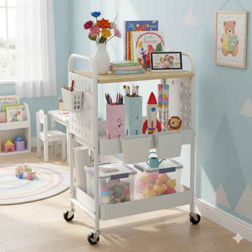 3 Tier Rolling Cart with Wooden Table Top, White Rolling Utility Cart with DIY Pegboards & Locked Wheels, Easy Assembly for Nursery, Living Room, Studio - color: White