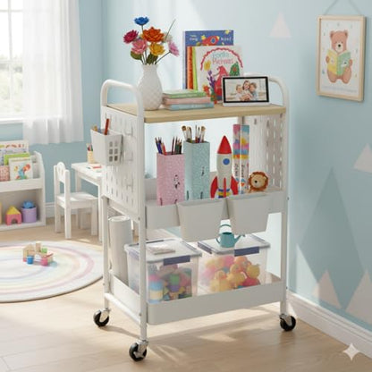 3 Tier Rolling Cart with Wooden Table Top, White Rolling Utility Cart with DIY Pegboards & Locked Wheels, Easy Assembly for Nursery, Living Room, Studio - color: White