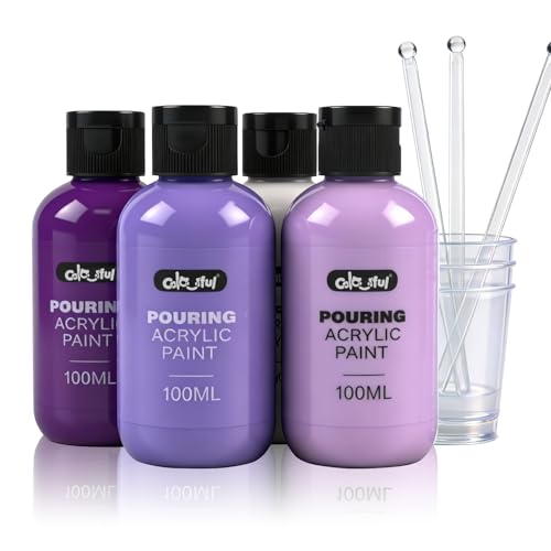 Colorful Purple Series Acrylic Pouring Paint Set, 4 Colors, 3.34 oz Art Kit | Ready-to-pour fluid formula, includes cups, mixing sticks and gloves for fluid art, DIY crafts and creative painting projects - color: Purple Color