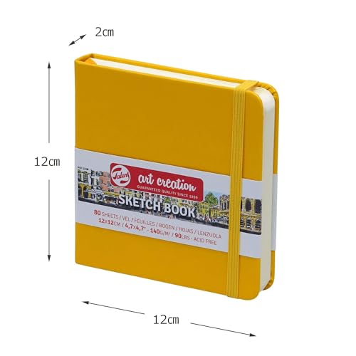 Talens Art Creation Sketchbook, Golden Yellow, 80 Sheets, 4.7 x 4.7 in | Hard-Bound Pocket Notebook, 140 GSM/94 lbs Paper, Acid-Free Cream Blank Paper, Ribbon Bookmark, and Elastic Closure - color: goldenyellow, size: 12×12cm