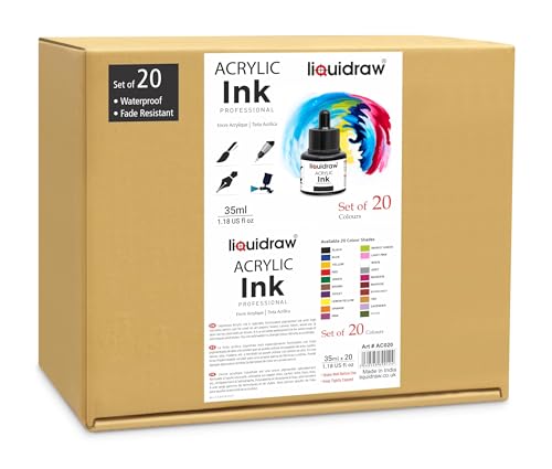 Liquidraw Acrylic Drawing Ink - 20 Assorted Colours | 35 ml Bottles with Ink Dropper | Suitable for Painting, Art Drawing & Design | for Professionals, Artists, Students & Hobbyists | Waterproof - style: Set of 20 (Assorted Colours)