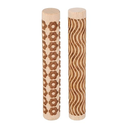 HARFINGTON 2pcs Wood Clay Roller 4" Curved Lines Flower Pattern Rolling Pins Wood Rollers Pottery Tools Wood Grain Texture Rollers for Clay Baking Dough Playdough DIY - style: Curved Lines + Flower
