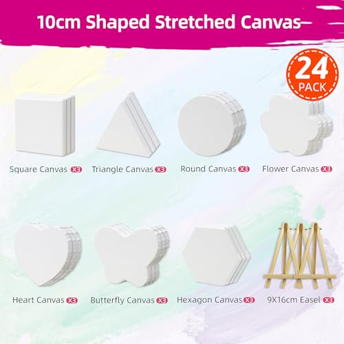 24-Pack 10cm (4") Mini Canvas for Kids, 100% Cotton Acid-Free Stretched Canvases with Easel for Painting, 5/8 Inch Profile 8 Ounce Shaped Canvas for Acrylics,Oils Paints, Perfect for Painting Party