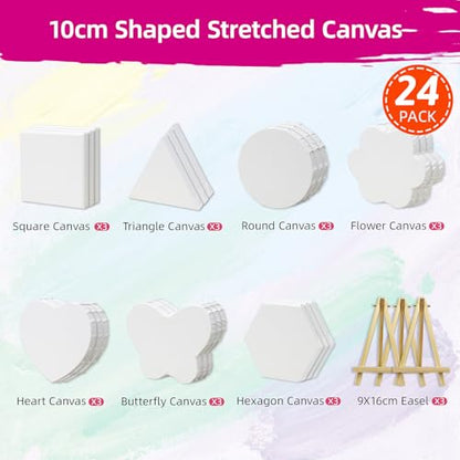 24-Pack 10cm (4") Mini Canvas for Kids, 100% Cotton Acid-Free Stretched Canvases with Easel for Painting, 5/8 Inch Profile 8 Ounce Shaped Canvas for Acrylics,Oils Paints, Perfect for Painting Party