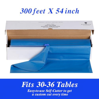 Goodluck 54 Inch X 300 Feet Plastic Table Cloths with Cutter Box, Blue Disposable Table Cover Roll, Plastic Tablecloth for Party, Banquet, Wedding, Birthday, Anniversary (Pack of 2) - color: Blue, size: 15.4" x 5.5" (Rectangular) (Pack of 2)