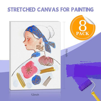 ESRICH 12x16 Stretched Canvas for Painting, 8 Pack Blank Canvases for Painting -5/8 in Profile Primed Cotton Painting Canvas for Oil & Acrylic Paint - size: 12x16in-8P