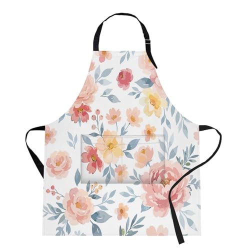 Apron with Pockets, 32x28 inch, for Women Men, Rose Pink Flower | Floral Romantic Waterproof Adjustable Bib Aprons for Kitchen Cooking Baking Painting Gardening - color: Pink Floral