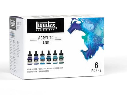 Liquitex Professional Acrylic Ink, 1-oz, Aqua Color Set, Set of 6 | Ultra Fluid Acrylic, Highly Pigmented, Dye-Free, Non-Fading, Satin Finish, Permanent When Dry, Lightfast - color: Aqua - Set of 6