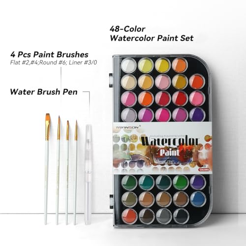 TRANSON 48 Colors Watercolor Paint Set with 4pcs Paint Brushes and 1pcs Water Brush Pen for Adults, Beginners and Artists