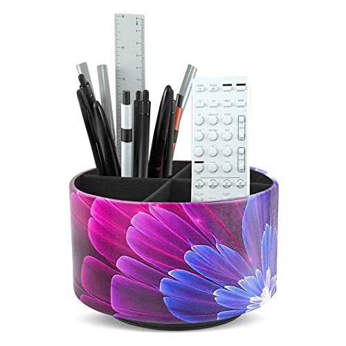 Round Leather Art Supply Organizer,Remote Control Holder,360 Degree Spinning,Multi-Functional Pencil Holder,4 Compartments Desktop Stationary Organizer(1-Blue Fractal Flower) - color: 1-Blue Fractal Flower