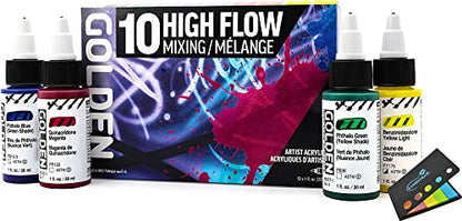 Golden High Flow Acrylic Paint Set, 10 Color Mixing Set, 1 Fl Oz Bottles, Great for Airbrush Paint, Ultra-Thin Golden Acrylic Paint, Acrylic Ink with Sticky Notes