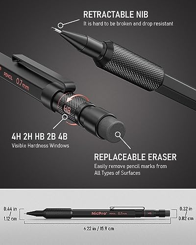 Nicpro 0.7 mm Mechanical Pencil Set with Case, 3PCS Metal Pencil | MP2000 Heavy Duty Lead Pencil + 6 Tube HB Lead Refill, Eraser, Weatherproof Metal Barrel for Outdoor Writing Drafting Drawing - size: 0.7mm