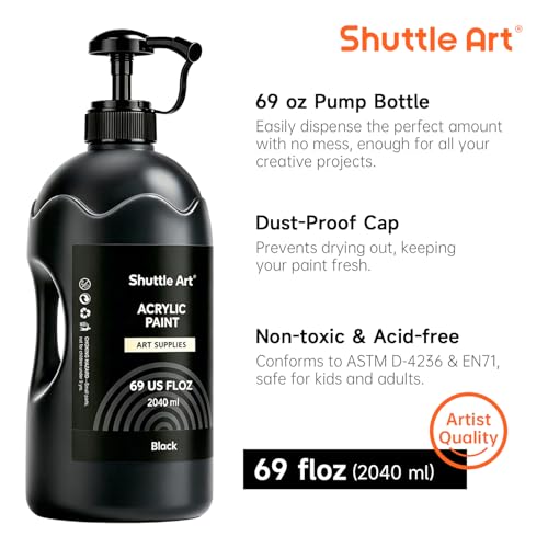 Shuttle Art Titanium White & Black Acrylic Paint Set, 2×69oz/2040ml Large Capacity Pump Bottles with Covers, High Coverage, Fast Drying Non-Toxic Art Paint for Artists, Students, Kids & DIY Crafts