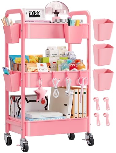 3 Tier Rolling Cart with Wheels, Metal Utility Storage Cart on Wheels, Craft Carts Organizer with Hanging Cups, Hooks, Three Tiered Rolling Carts for Bathroom, Laundry Room, Nursery, Office, Pink - color: Pink