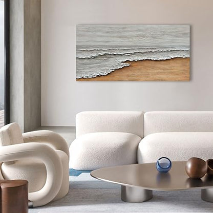 Art Hand-Painted Yellow and White Ocean Beach Landscape Oil Painting Modern Abstract Canvas Art Home Wall Decoration 24x48 inches - color: Dn169
