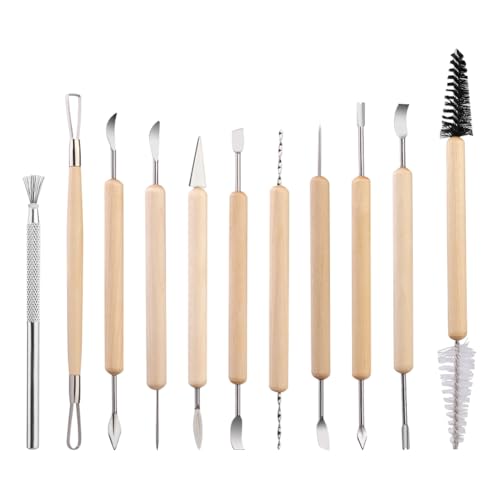 GSHLLO 11 Pcs Polymer Clay Sculpting Tool Set Wooden Handle Pottery Tools DIY Craft Ceramic Modeling Tools Professional Pottery Trimming Tool Ceramic Carving Accessories for Sculptures