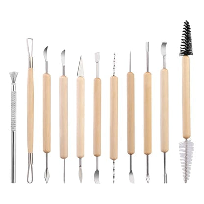GSHLLO 11 Pcs Polymer Clay Sculpting Tool Set Wooden Handle Pottery Tools DIY Craft Ceramic Modeling Tools Professional Pottery Trimming Tool Ceramic Carving Accessories for Sculptures