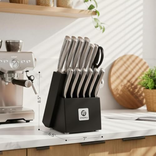 Imarku 14-Piece Japanese Gyutou Stainless Steel Knife Set with Block | 15° Precision Edge | 56±2 HRC Hardness | Full-Tang Build for Perfect Balance | Built-in Sharpener for Easy Maintenance - color: Pure Black