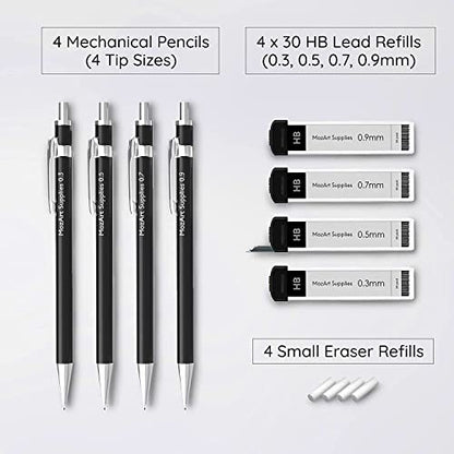 MozArt Mechanical Pencil Set with Case - 4 Sizes: 0.3, 0.5, 0.7 & 0.9mm with 30 HB Lead Refills Each & 4 Eraser Refills -Sketch, Drafting, Art, Drawing Supplies (Black) - color: Black