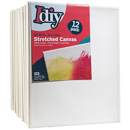 iDIY Stretched Canvas Board 8 x 10 (Set of 12) 5/8" - Classic White Blank, Pre Primed for Oils or Acrylics, 100% Cotton, Acid Free - Professional Grade for Painting or Art Project, Craft, Mixed Media - size: 8 x 10 inches (set of 12)