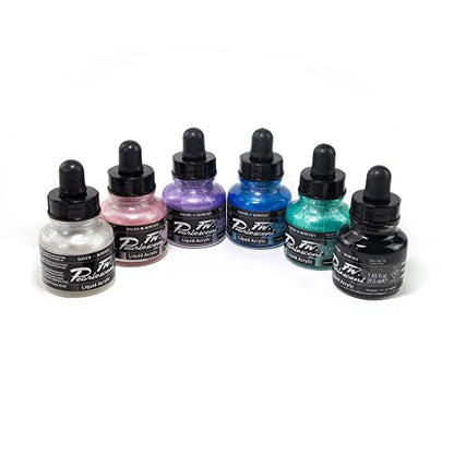 FW Acrylic Ink Pearlescent Colors Set, 6 Bottles, Premium Shimmer Liquid Ink, Lightfast Waterproof Formula for Calligraphy, Airbrush, Illustration, Art
