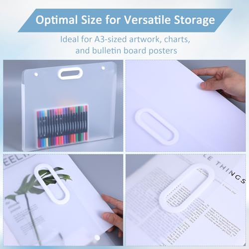 4 Pack Art Portfolio Folders, 17.3" x 13.9" Translucent White PP Plastic Storage with Handles, Waterproof Art Case for Drawings, Posters, Sketches & Photography