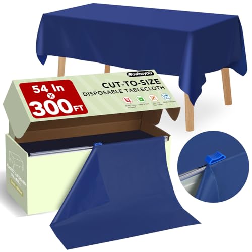 RowinsyDD 54 in X 100 FT Blue Plastic Table Cover Roll with Slide Cutter | Disposable Plastic Table Cloths,Disposable Table Cloths Disposable for Dinning, Parties, BBQ, Wedding, Birthdays, Outdoor - color: Blue, size: 3600" x 54" (Rectangular)