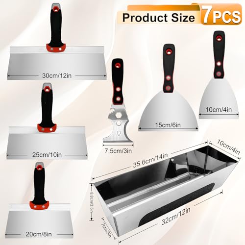 Drywall Knife Set, 7 Pcs Stainless Steel Tools Kit - color: Black - a Set