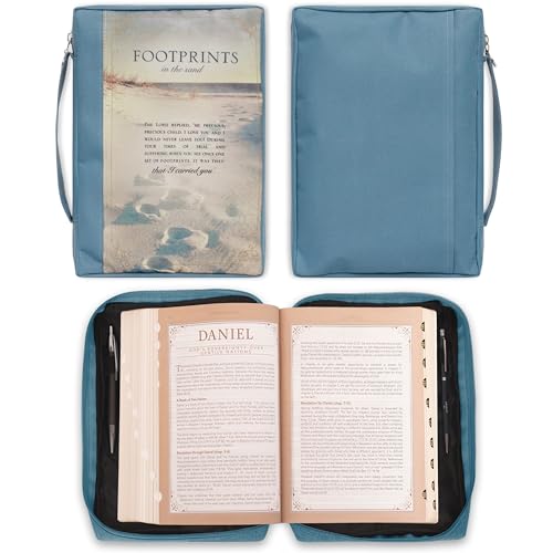 Christian Art Gifts Men/Women's Bible Cover Footprints, Blue Poly Canvas, Large - color: Blue/Footprints, size: Large