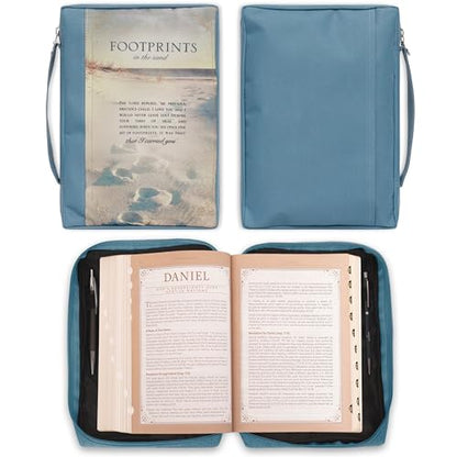 Christian Art Gifts Men/Women's Bible Cover Footprints, Blue Poly Canvas, Large - color: Blue/Footprints, size: Large