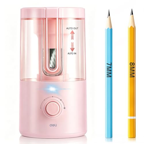 Deli Electric Pencil Sharpener, Fully Automatic Pencil Sharpener for 6.9-8mm No.2 & Colored Pencils, Auto in & Out, Rechargeable Hands-Free Sharpener for Classroom, Home, Office, Pink - color: Pink