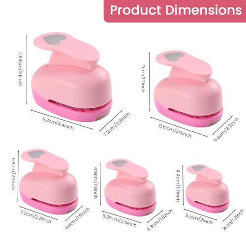 Heart Paper Punch Set, 3/8 inch, 5/8 inch, 1 inch, 1.5 inch, 2 inch, 5 Different Size Heart Punches for Crafting Designs, Office Supplies, Card Making, DIY Albums, Photos - color: Pink