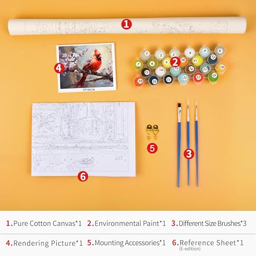 TUMOVO Red Bird Paint by Numbers Craft Kit for Adults | Animals Art on 16x20 Inch Unframed Canvas with Acrylic Paints and 3 Brushes Relaxing DIY Craft and Wall Decor