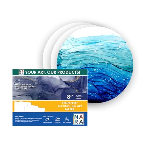 NARA Alcohol Ink Paper | White | 8" Diameter Circle | 330 microns/250 GSM | 10 Sheets | Medium+ Paper | Paper for Alcohol Ink Art Painting | 100% Stain-Free - color: White_Circle_Paper Sheets_06