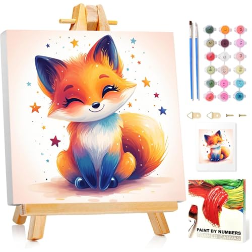 Fox Paint by Numbers Kit for Kids, 8x8 inch | DIY Paint by Numbers for Kids, Ages 4-8-12, with Frame, Wooden Easel, Gifts Box, Fun and Relaxing,Home Wall Decor - color: Fox02